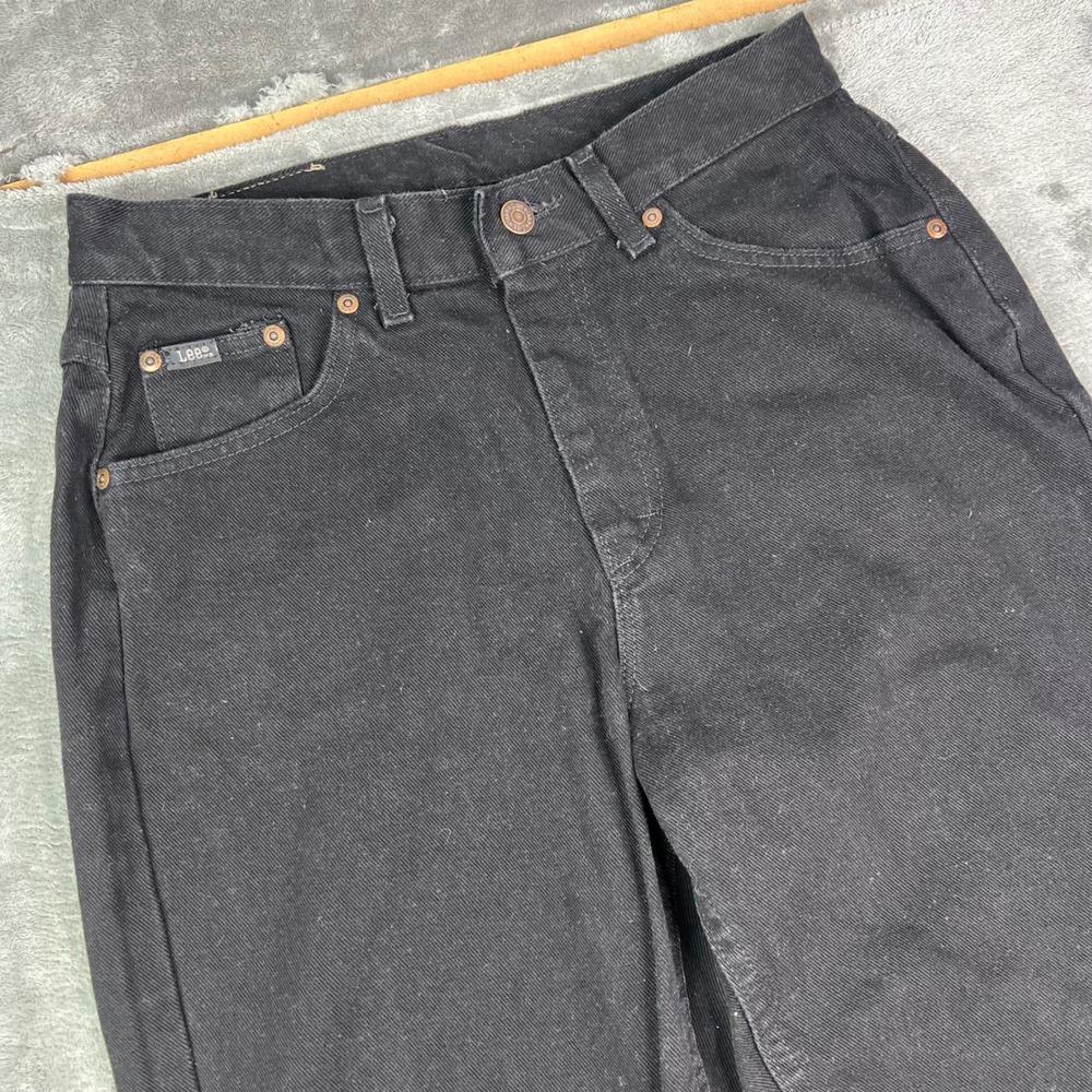 Lee High Rise Straight Leg Jeans Womens 12 Long Black Solid Denim Made in USA - Picture 6 of 15